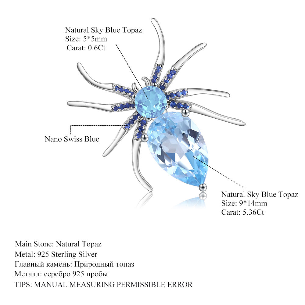 Insect Series Designer High-end Brooch Spider Design s925Sterling Silver Natural Gemstone Topaz Brooch