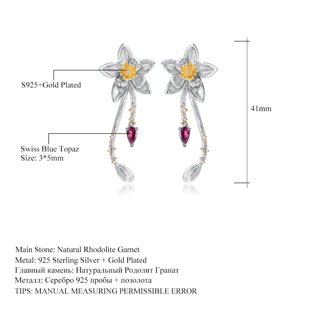 Designer High-End Gemstone Earrings Natural Style Floral Design925Silver Natural Rose Garnet Earrings