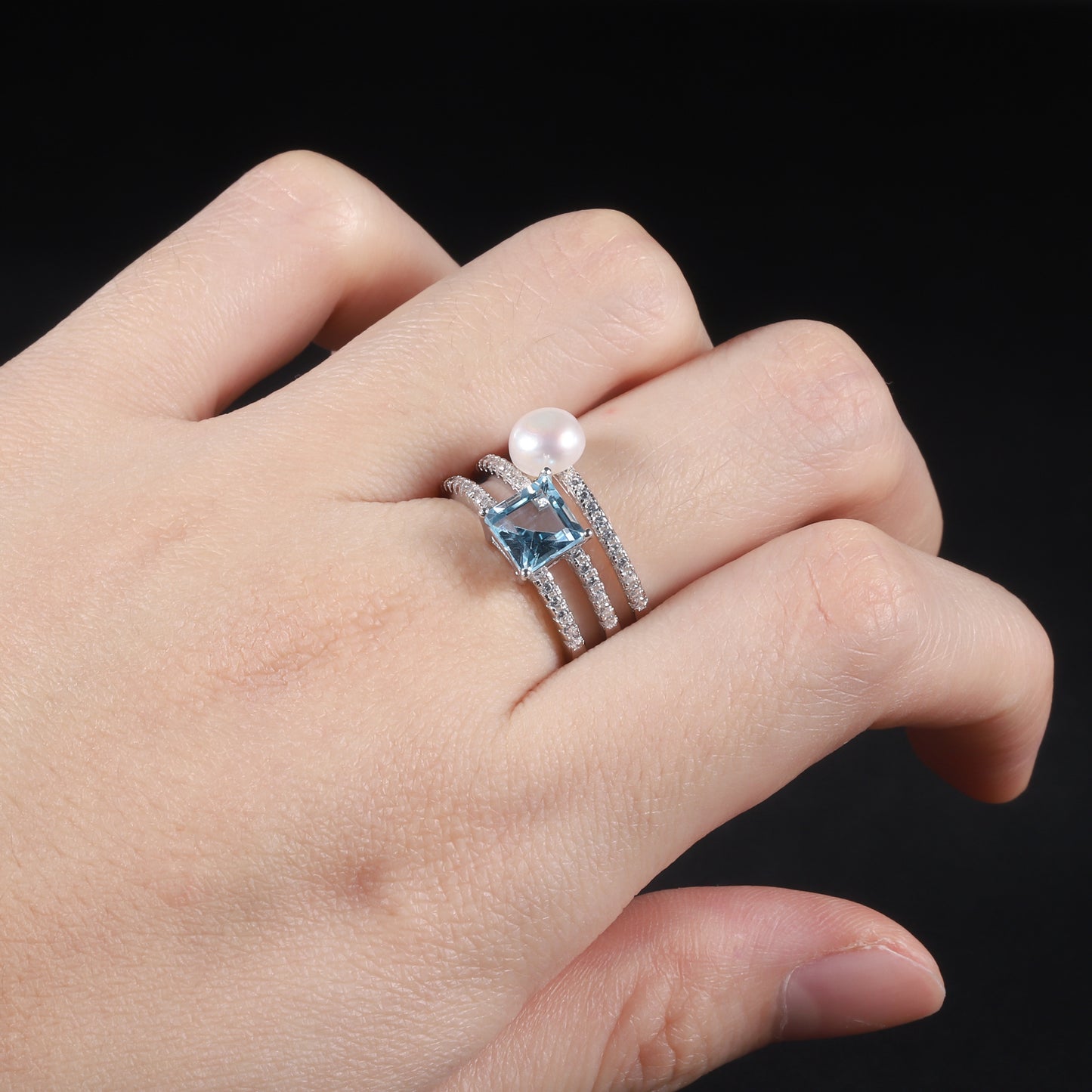 S925Sterling Silver Natural Freshwater Pearl Ring Fashionable Light Luxury High-end Inlaid Natural Topaz Ring