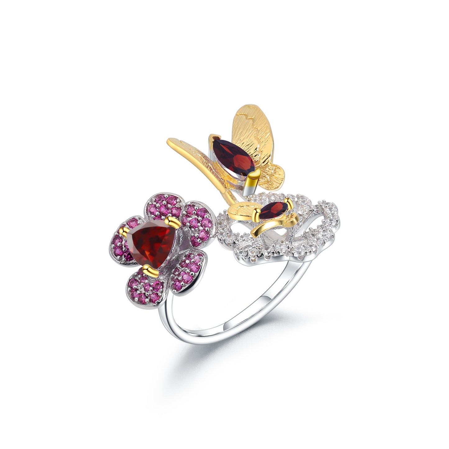 Designer Natural Amethyst Ring Natural Style Butterfly Flower Design925Silver Adjustable Open Ring