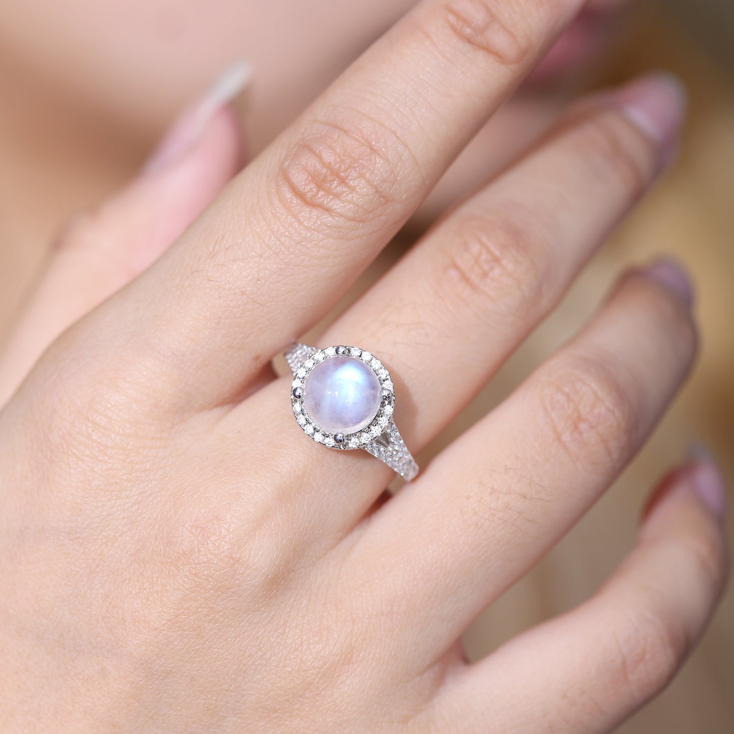 Luxurious Natural Cream Blue Moonstone Ring2.5Carat s925Sterling Silver Inlaid Gemstone Ring Fairy Style for Women