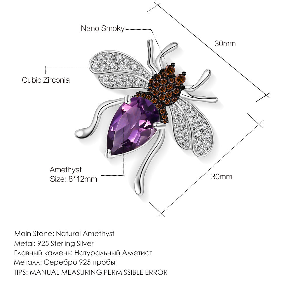 Natural Amethyst Designer Brooch Spider Insect Design s925Sterling Silver Inlaid Natural Gemstone Brooch