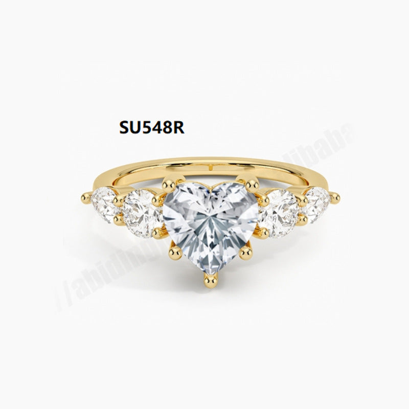 Fashion ins Wind Ring s925Sterling Silver Inlaid with Moissanite1Carat Heart-Shaped Wedding Ring Gold Ring