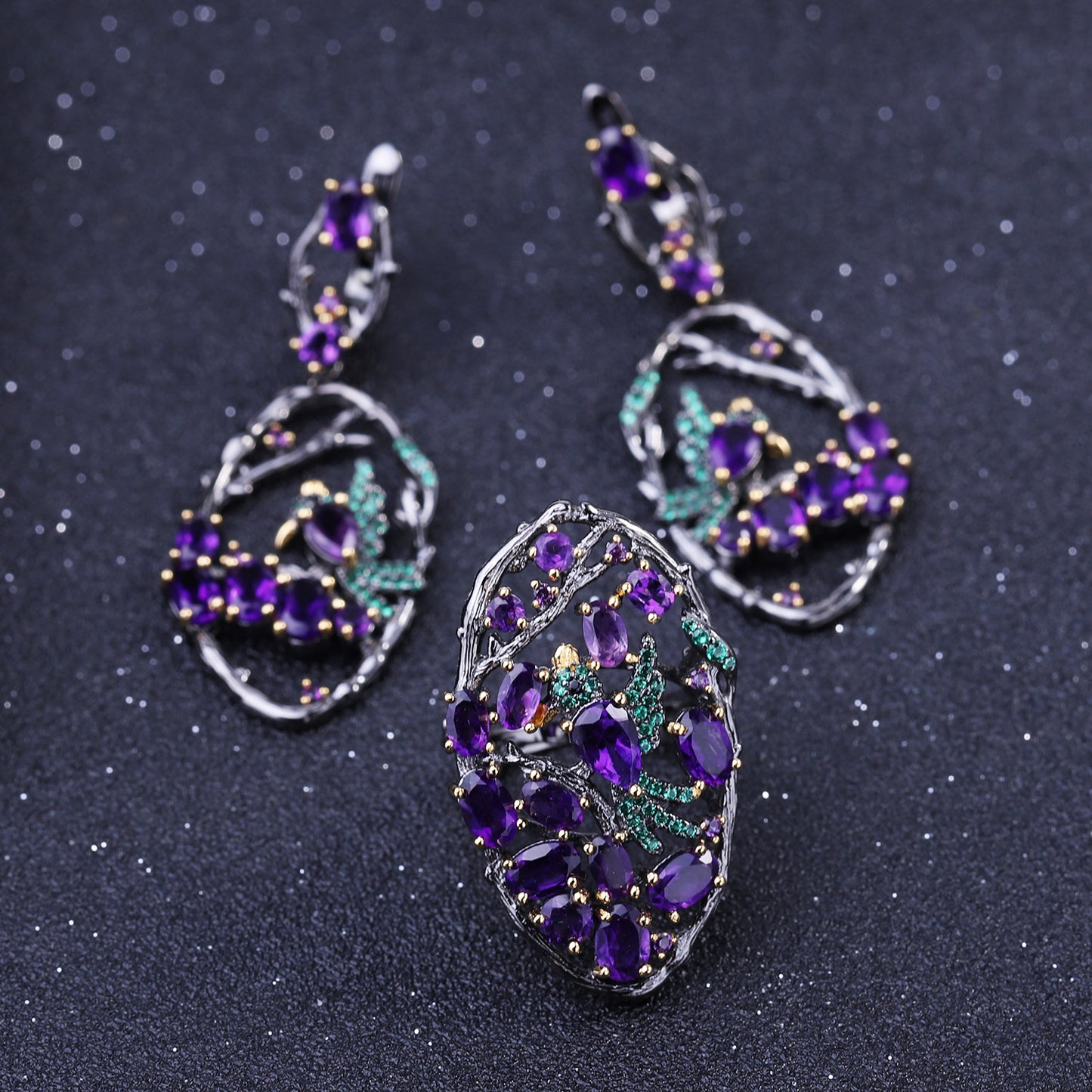 Secret Garden Designer Earrings Birds in the Bush Design Chinese Style925Silver Natural Gemstone Earrings