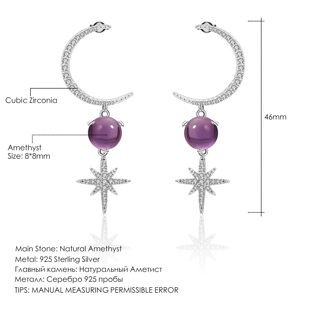 Designer High-End Gemstone Earrings Unique Crescent Design s925Silver Natural Amethyst Stud Earrings
