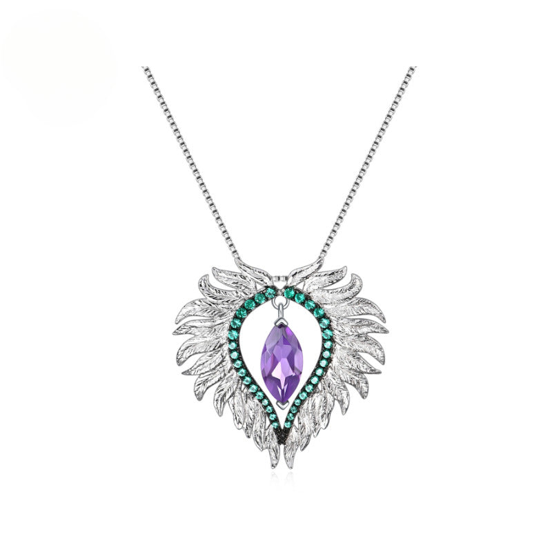 Designer Luxury Angel Wings Pendant Advanced Sense925Silver Inlaid Natural Gemstone Amethyst Necklace Pendant