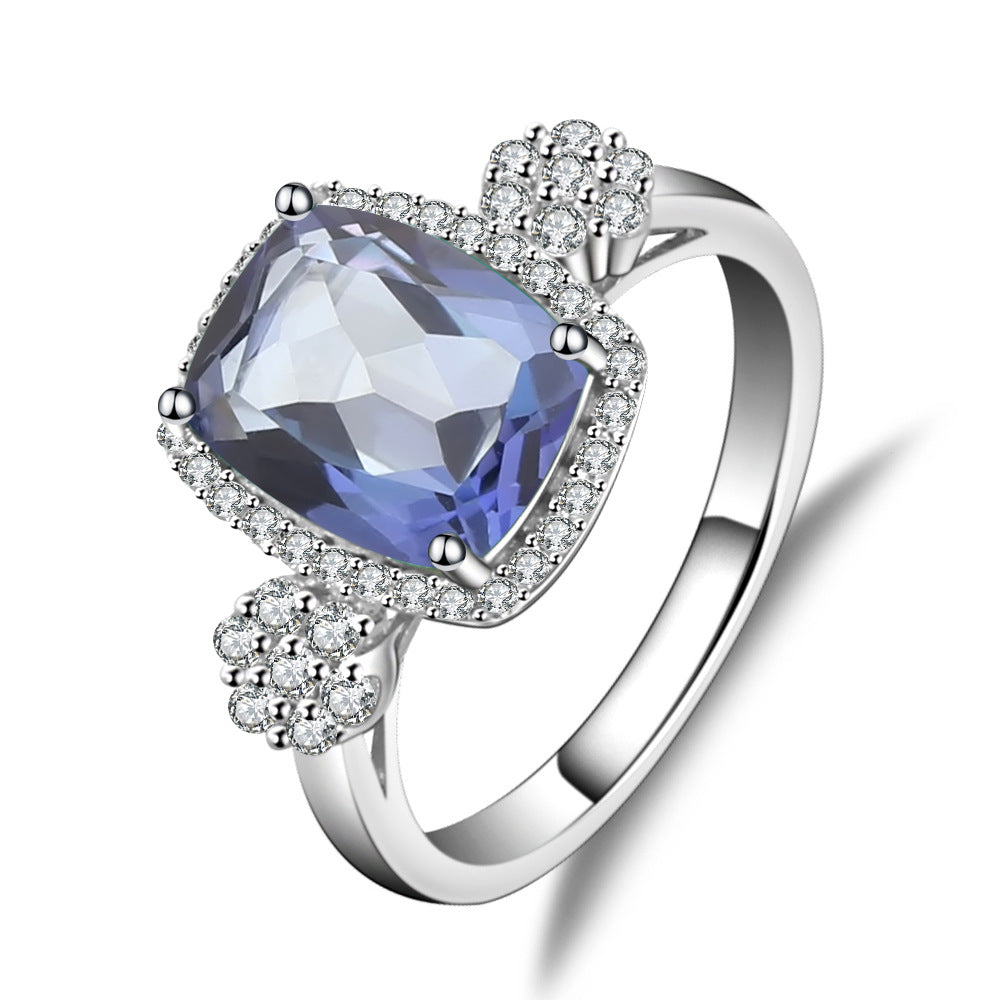 Design Sense Classic Retro Colorful Gemstone Ring Luxurious and Elegant Square Shape s925Sterling Silver Inlaid Crystal Ring