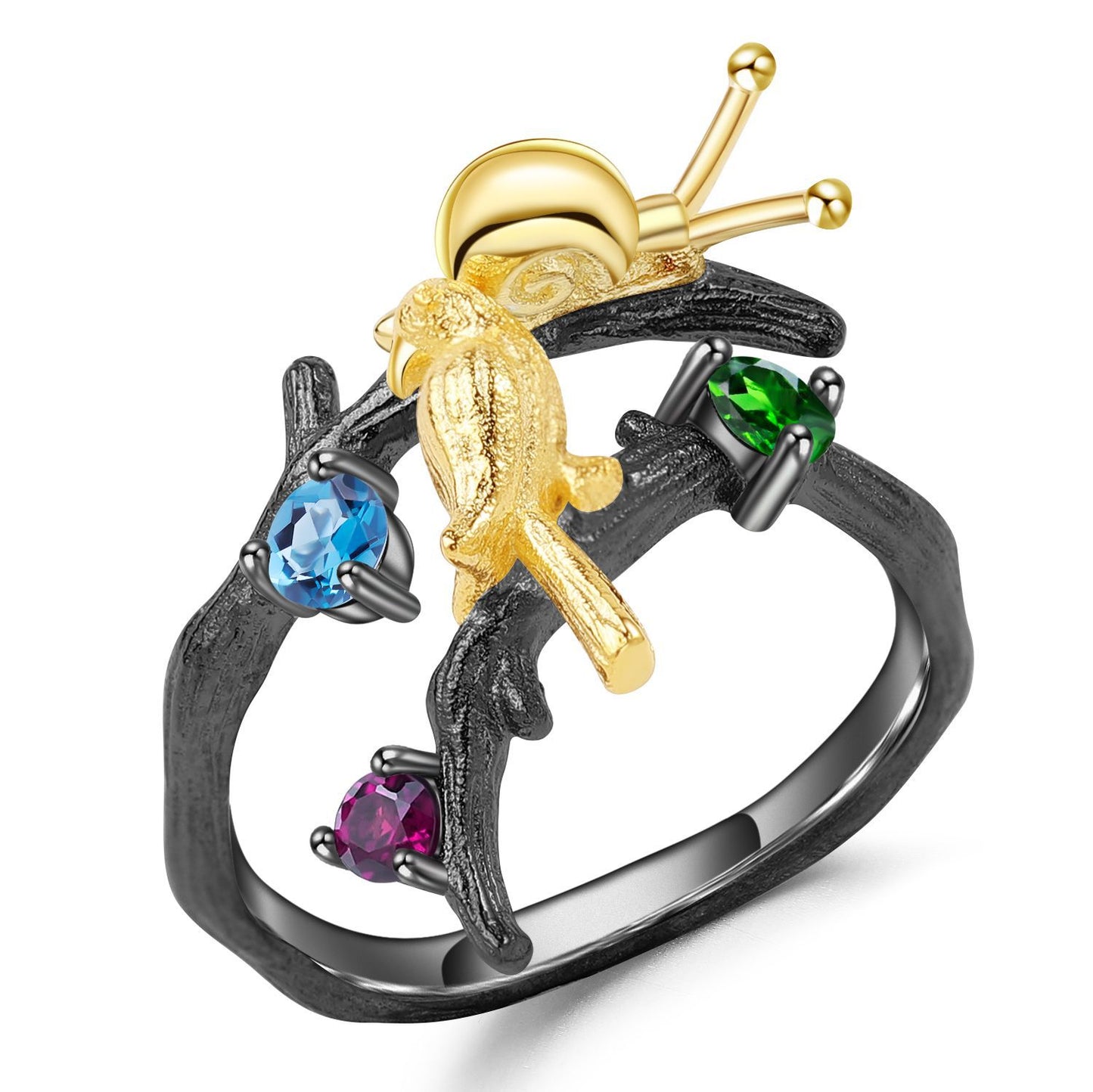 Secret Garden Designer Adjustable Ring Snail Warbler Design s925Sterling Silver Natural Gemstone Ring