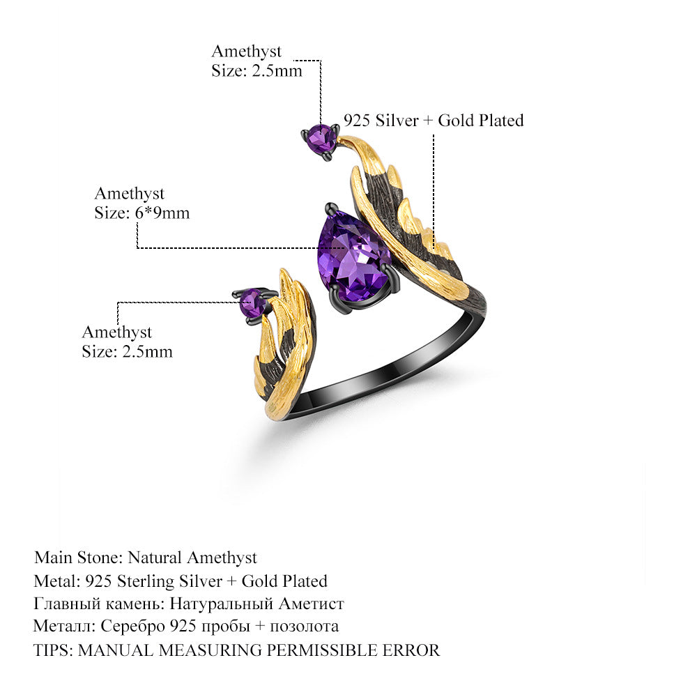 Designer High-End Dark Retro Style Open Ring Italian Craftsmanship s925Silver Natural Amethyst Ring