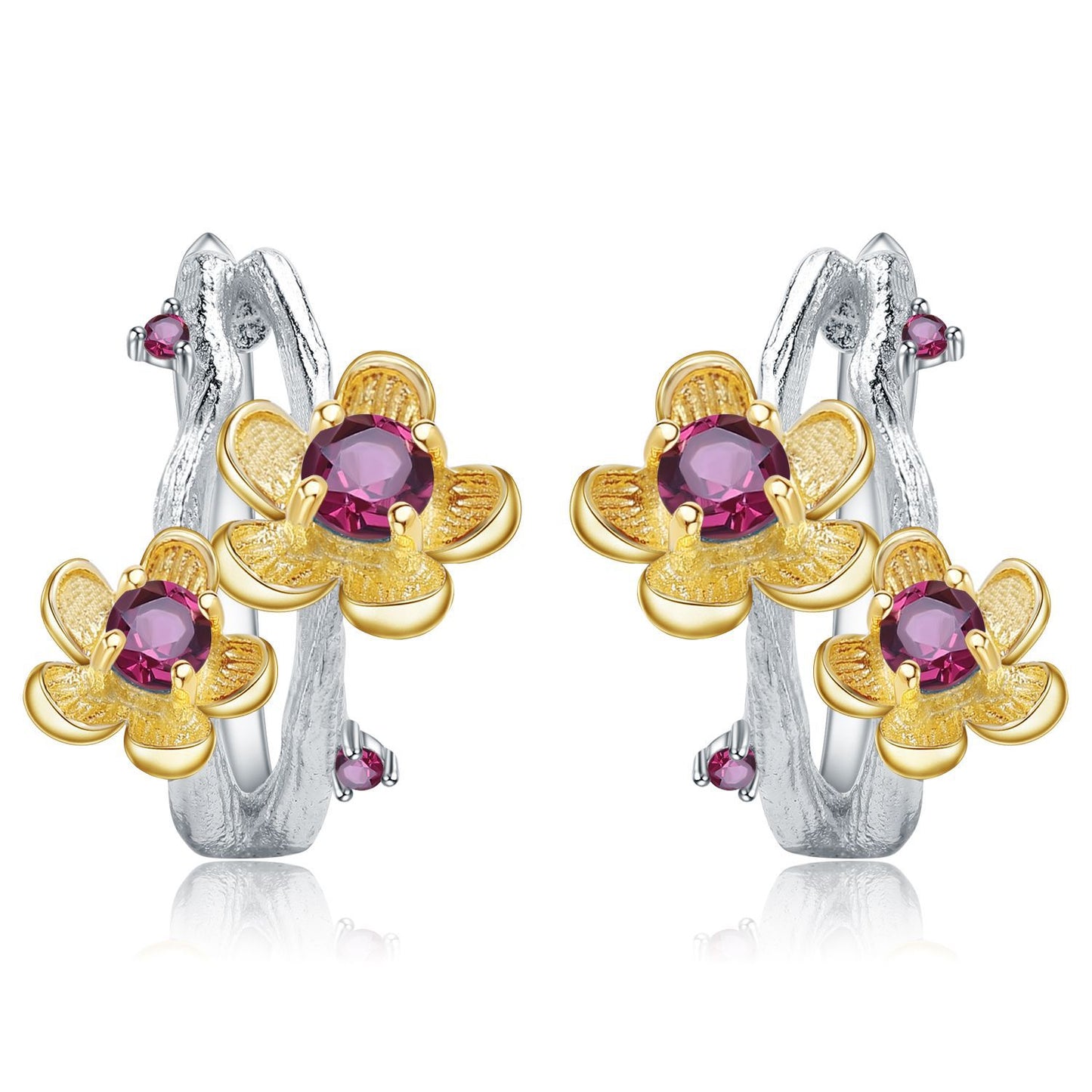 Italian Craft Designer Gemstone Earrings Natural Style Flowers925Silver Natural Rose Garnet Stud Earrings