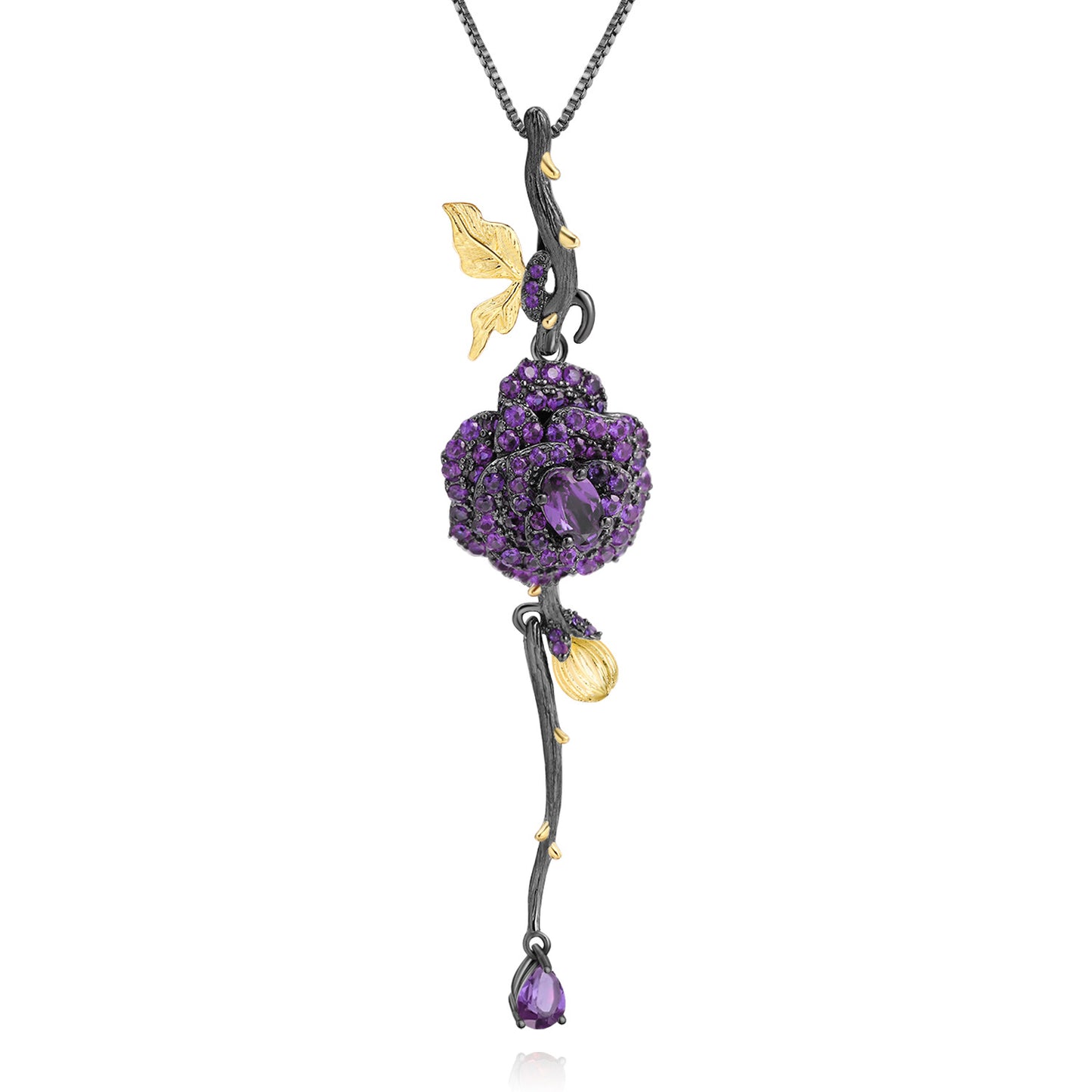 Secret Garden Designer Pendant Natural Rose Design s925Sterling Silver Natural Gemstone Necklace Clavicle Chain