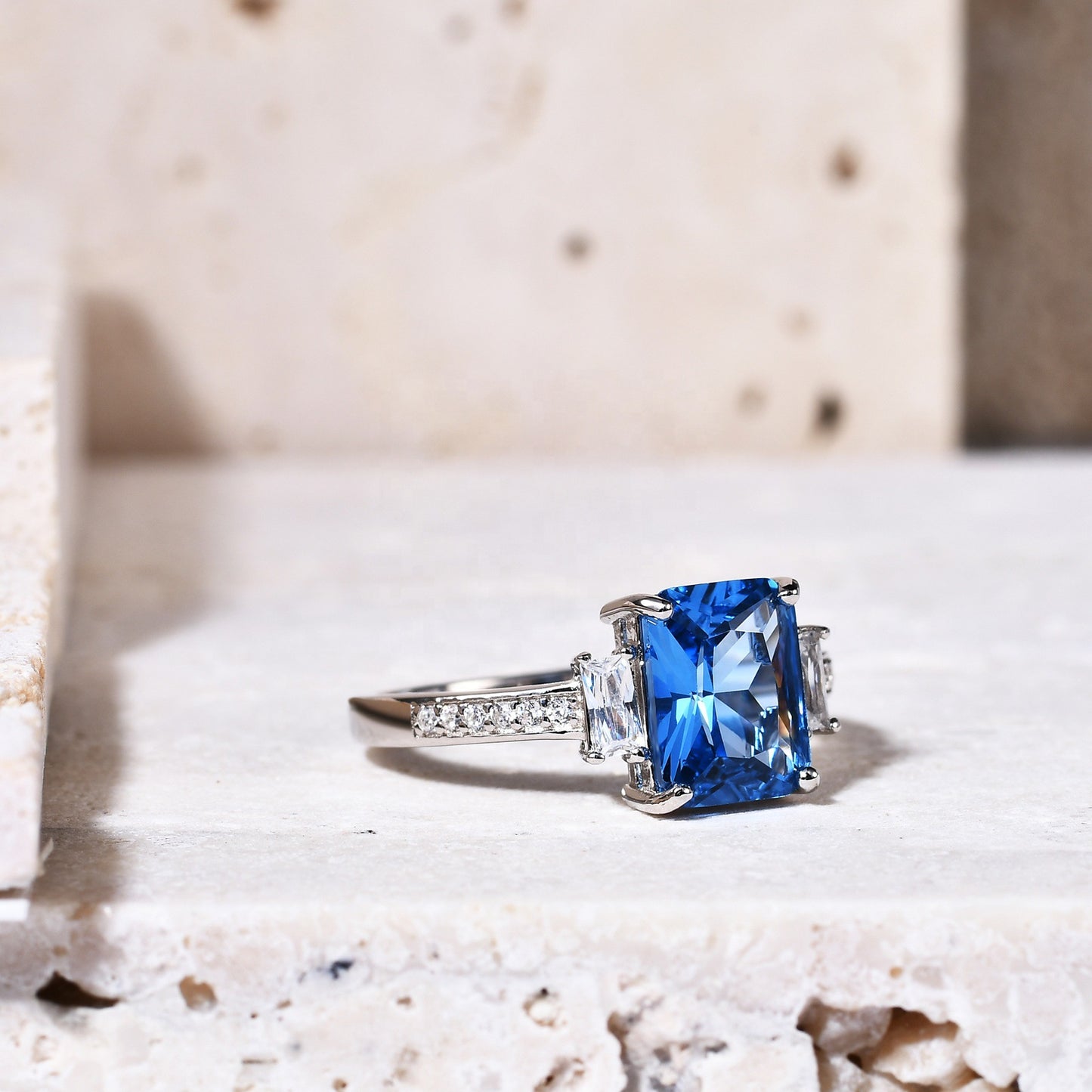 Classic Square Gemstone Ring3.2Carat Foreign Trade s925Sterling Silver Inlaid Blue Spinel Crystal Ring Fashion