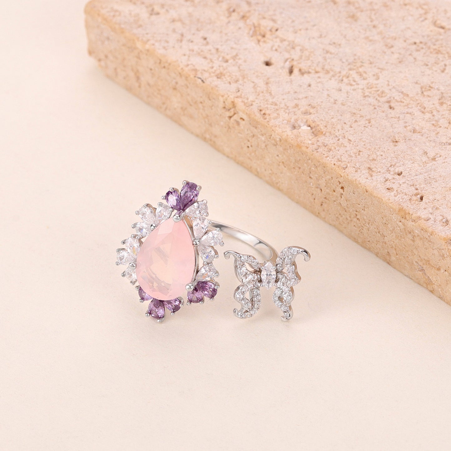 Original Design Natural Topaz Stone Open Ring s925Silver Inlaid Pink Crystal Large Main Stone Cross-border Gorgeous Ring for Women