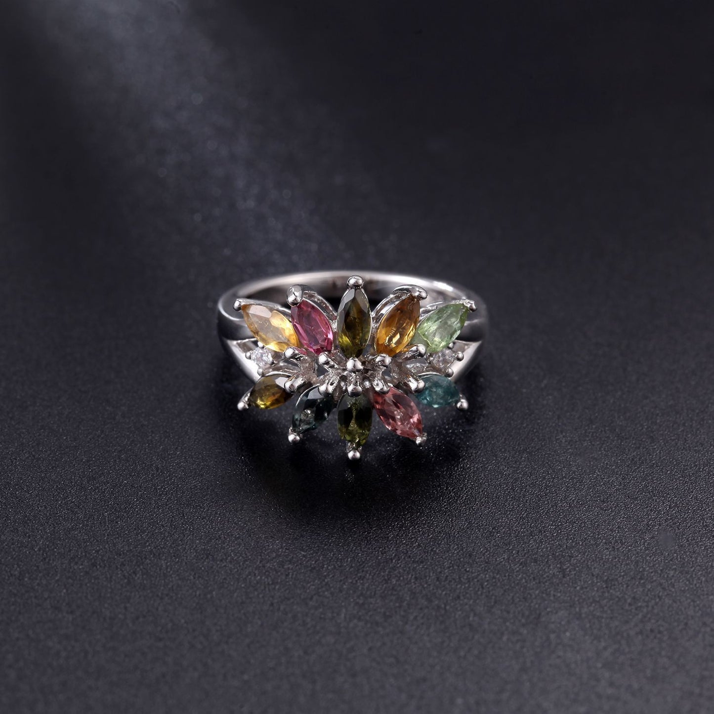 Unique Natural Topaz Ring s925Silver Tourmaline Garnet Peridot Gemstone Ring