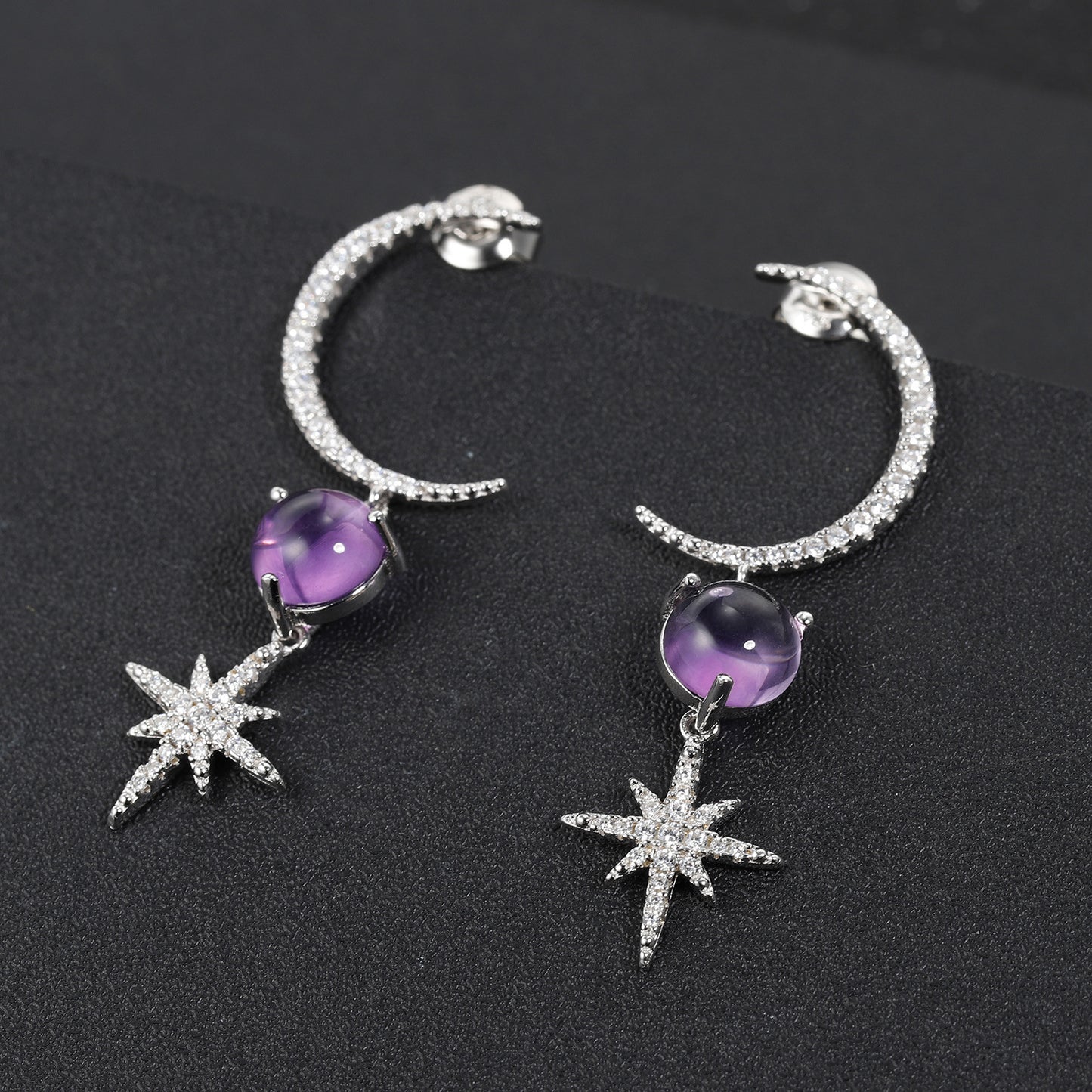 Designer High-End Gemstone Earrings Unique Crescent Design s925Silver Natural Amethyst Stud Earrings