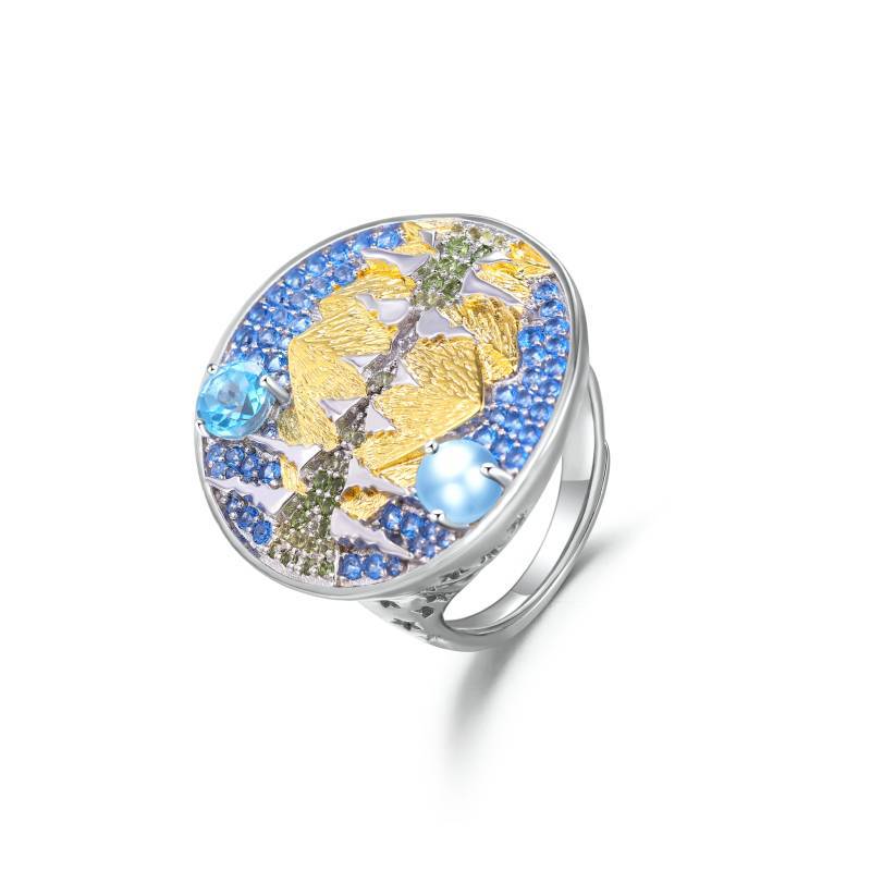 S925Sterling Silver High-End Jewelry for Men and Women, Love of Mountains and Rivers Ring, African Opal Topaz Adjustable Ring