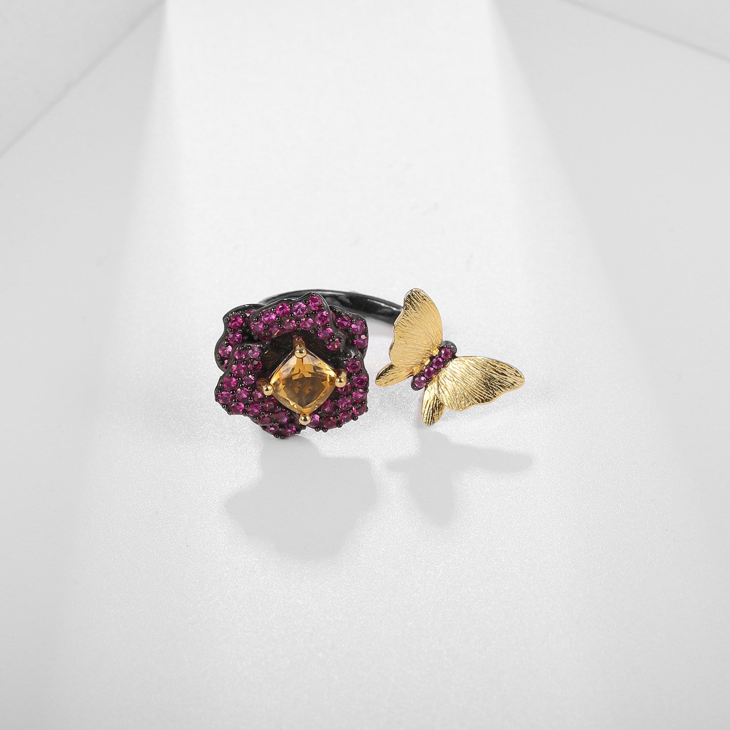 Designer Natural Amethyst Ring Natural Style Butterfly Floral Russia s925Silver Adjustable Open Ring