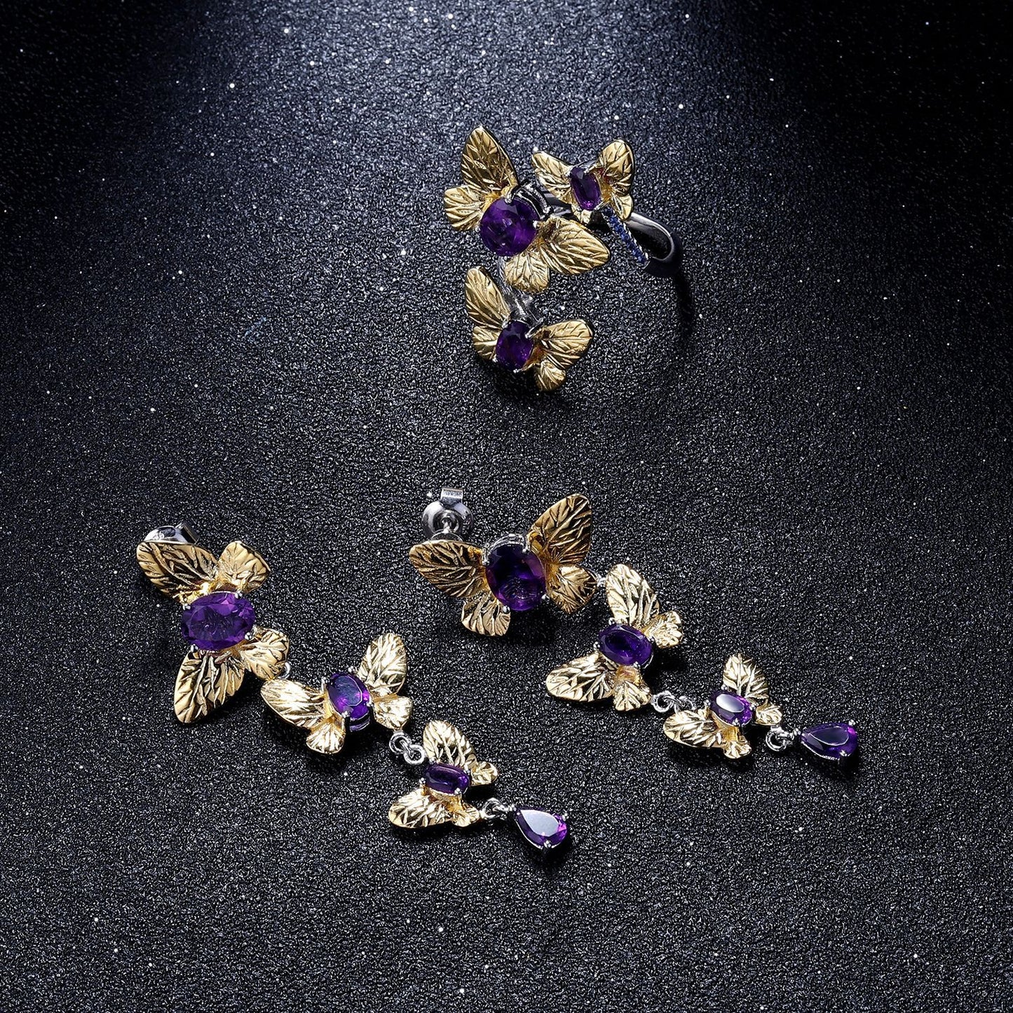 Designer High-End Gemstone Ring Natural Style Butterfly Design925Silver Natural Amethyst Open Ring