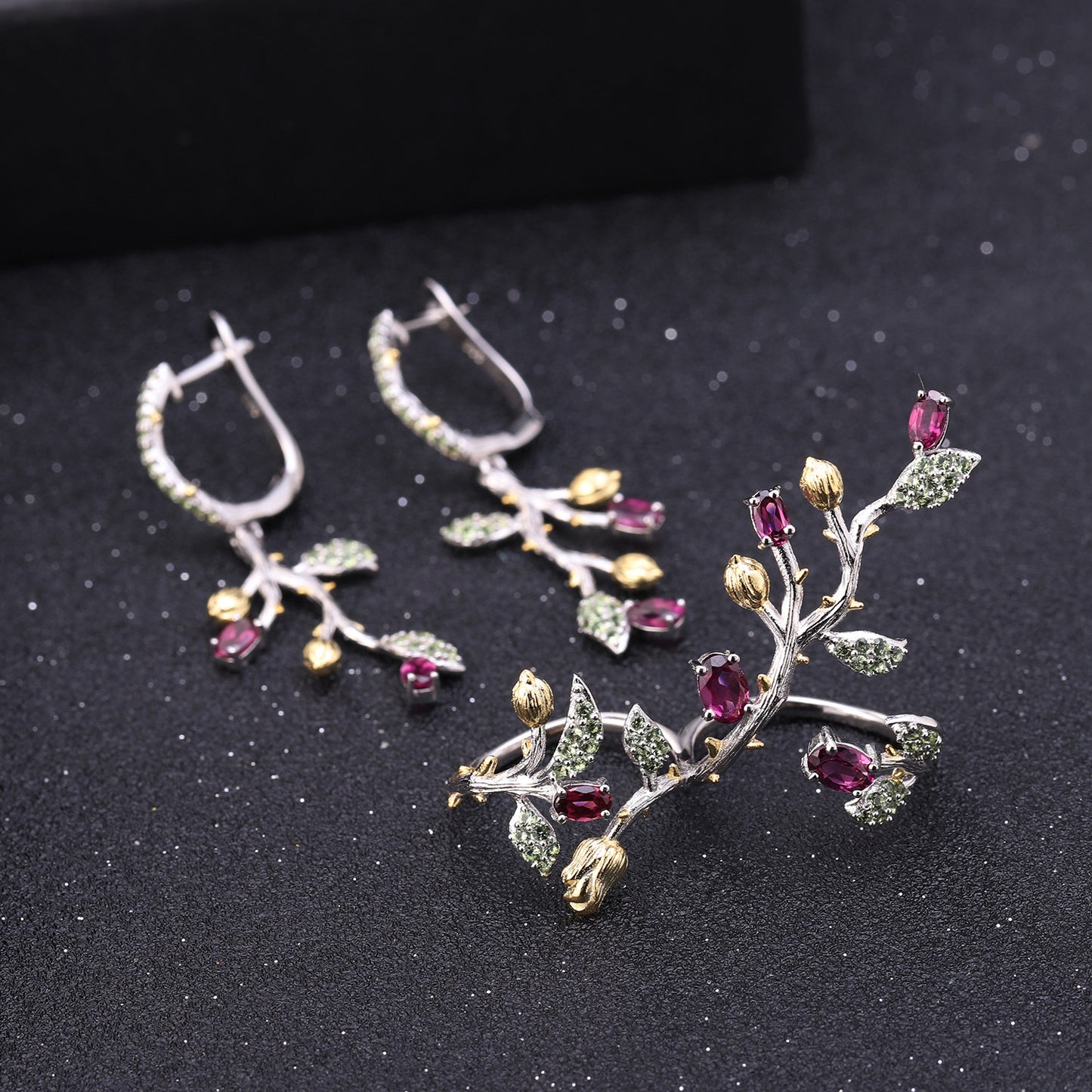 Vintage Plant Nature Style Designer Jewelry Adjustable Double Finger Ring s925Silver Natural Colored Gems Ring