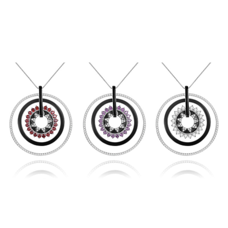 Designer Natural Garnet Enamel Pendant Unique Circular Design925Silver Color Gemstone Necklace Pendant