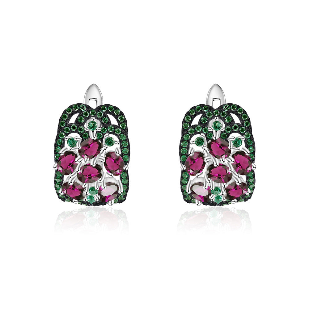 Luxurious and High-end Natural Rose Pomegranate Earrings Flourishing Series925Silver Inlaid Gemstone Stud Earrings