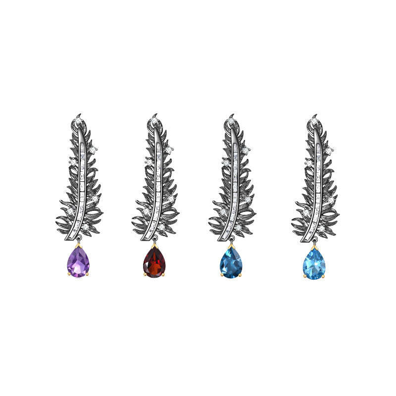 Feather Design Natural Gemstone Brooch s925Silver Inlaid Garnet Brooch Pendant Dual-use Style