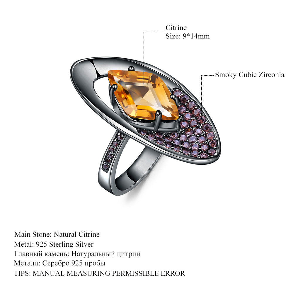 Italian Craft Designer Ring Vintage Jewelry925Silver Inlaid Natural Gemstone Yellow Crystal Ring