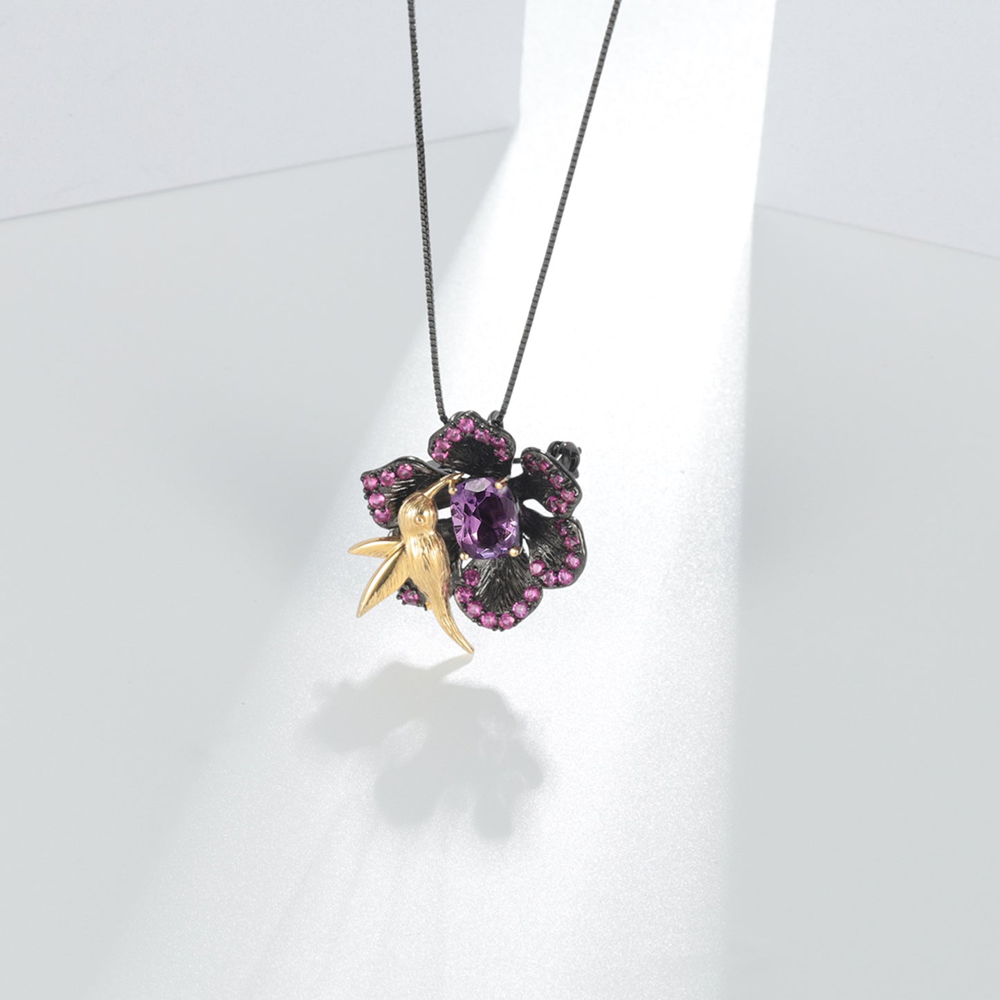 Secret Garden Designer Brooch Pendant Two-in-One Birdsong and Fragrant Flowers Design925Silver Natural Amethyst Necklace