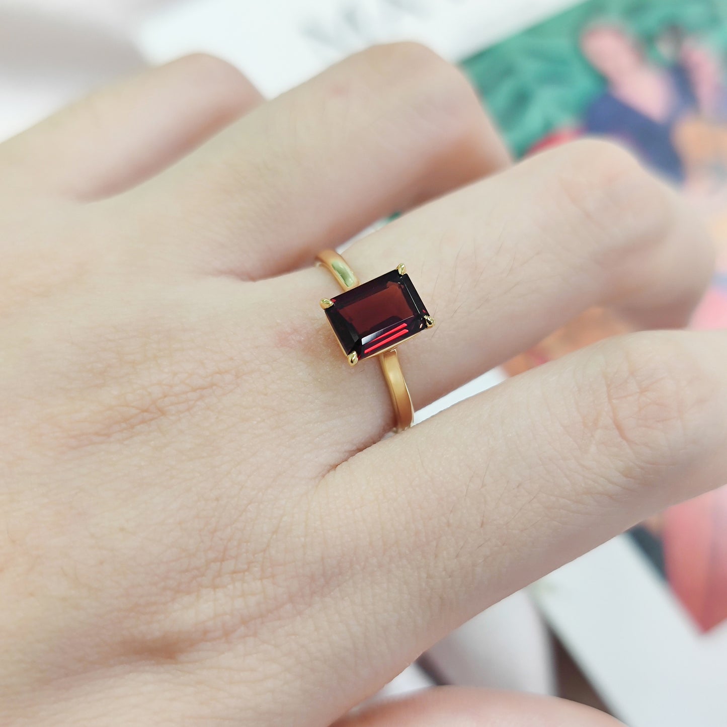 ins Square1.75Carat Gemstone Ring s925Sterling Silver Inlaid with Natural Garnet Peridot Fresh Ring