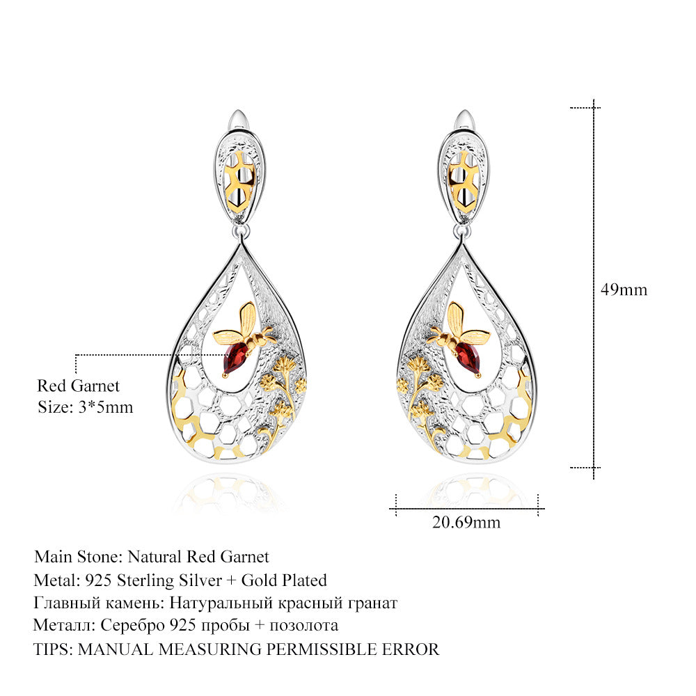 Designer Natural Style Garnet Earrings Beehive Design s925Silver Natural Gemstone Earrings Studs Drop Earrings