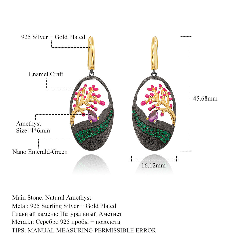 Italian Craft Designer Earrings Natural Style Tree of Life Design s925Sterling Silver Enamel Earrings
