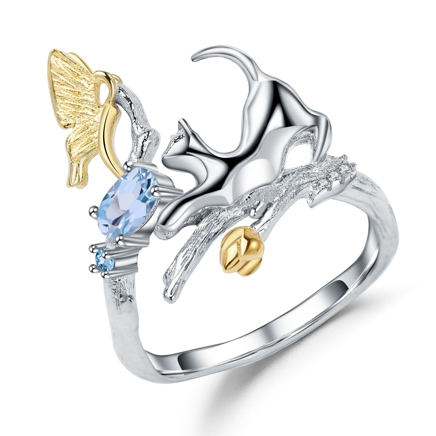 Designer Natural Gemstone Chinese Style Adjustable Ring with Natural Wind Animal Design925Silver Topaz Ring