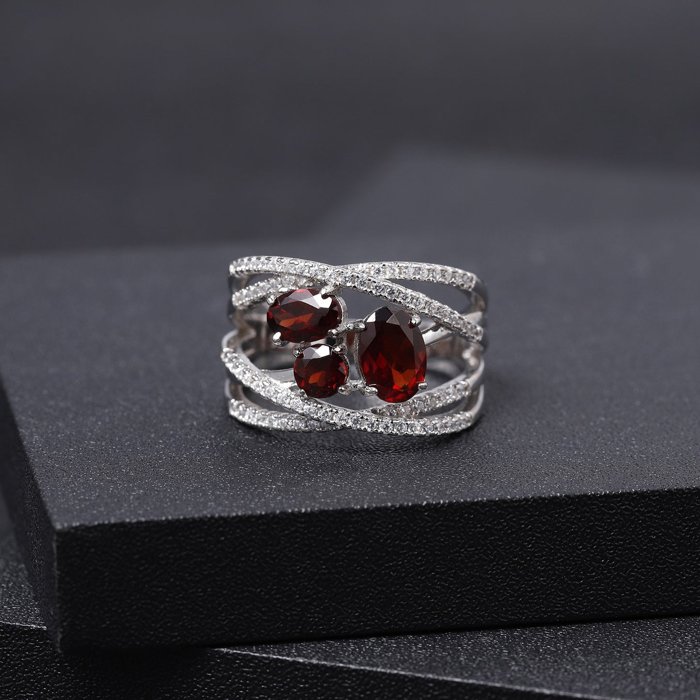 Luxurious and High-end Natural Garnet Ring with a Sense of Design Prosperous Series925Silver Inlaid Natural Gemstone Ring