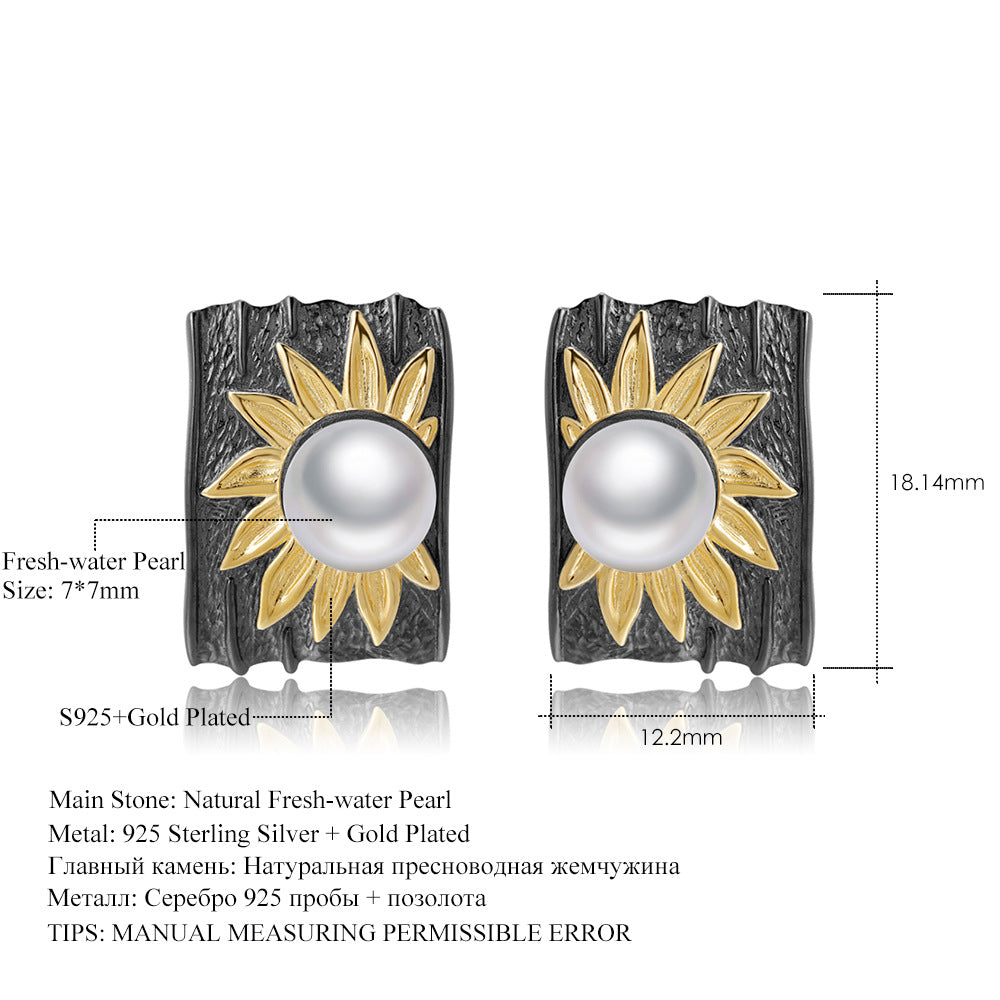 Designer High-End Pearl Earrings Natural Style Sunflower Flowers925Silver Natural Freshwater Pearl Stud Earrings