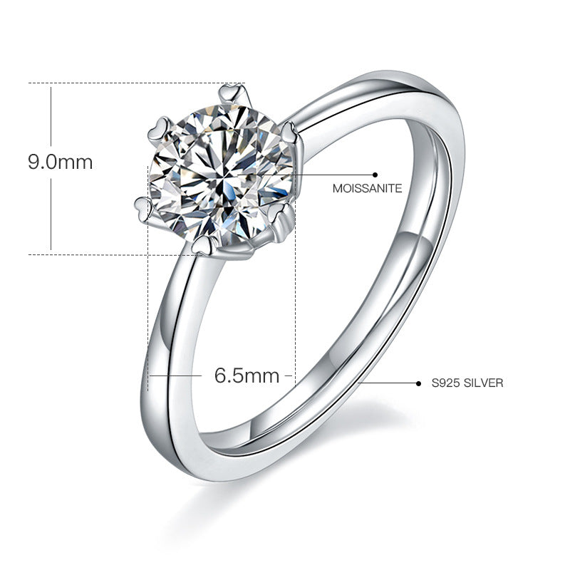Classic Six-Claw Fashion Moissanite Ring for Women with Straight Arm, Simple and Elegant s925Silver Inlay1Carat Moissanite Ring