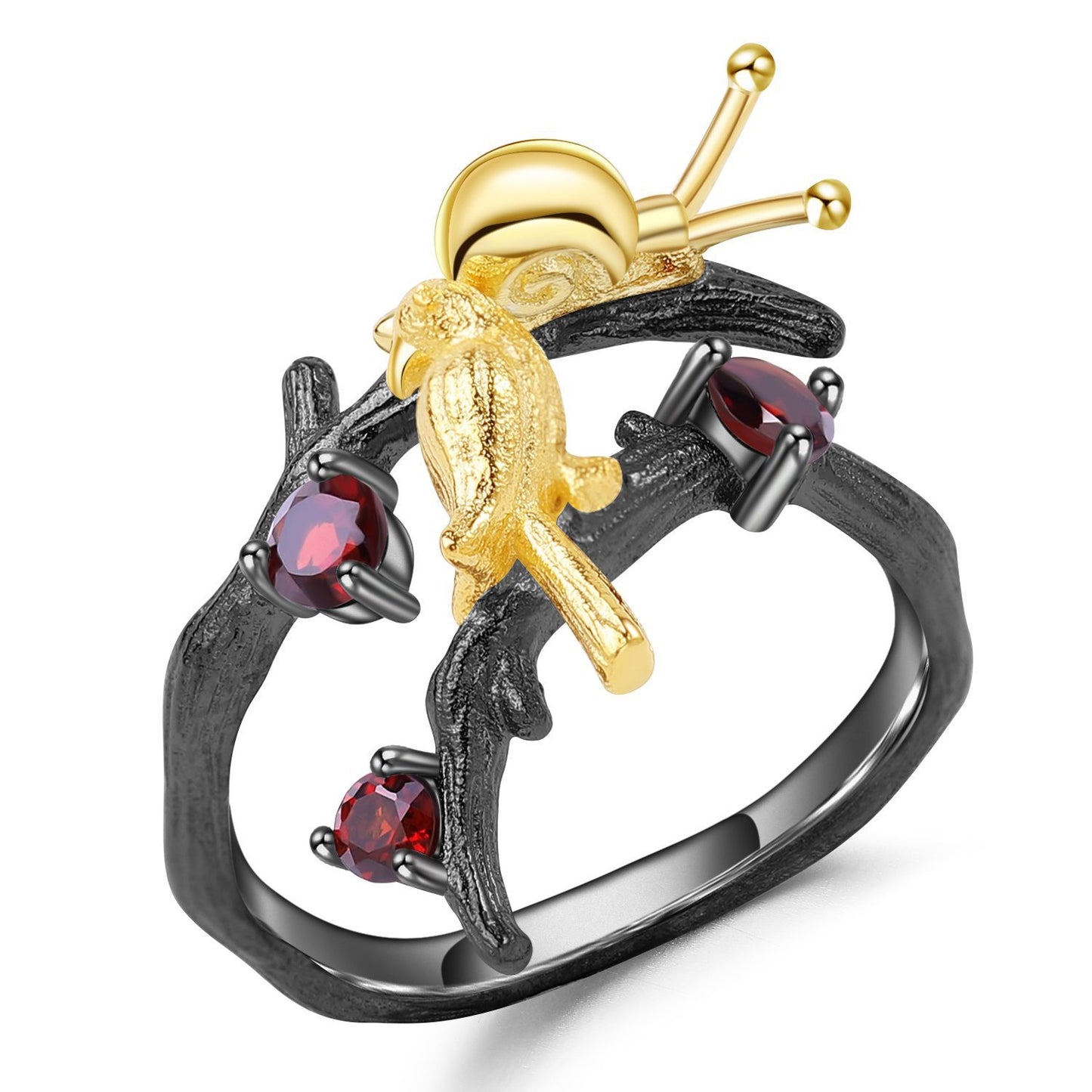 Secret Garden Designer Adjustable Ring Snail Warbler Design s925Sterling Silver Natural Gemstone Ring
