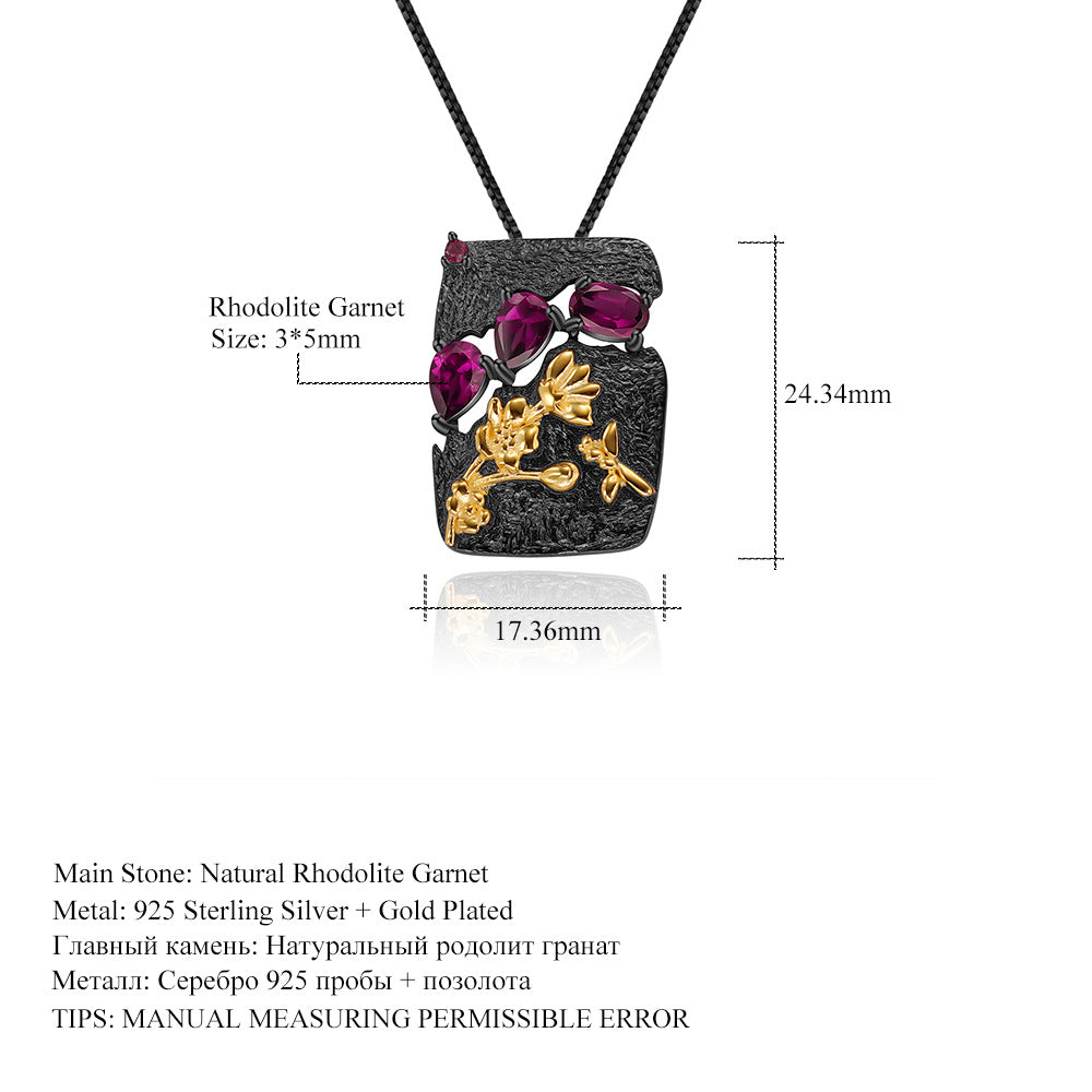Designer High-End Gemstone Pendant Secret Garden Natural Style925Silver Natural Rose Garnet Necklace Pendant