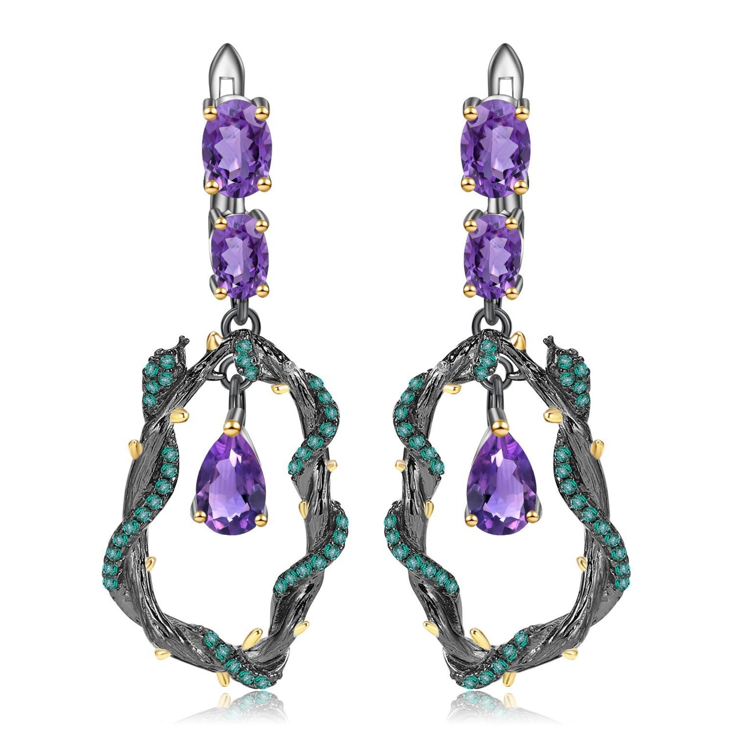 Italian Craft Designer Natural Amethyst Earrings Natural Vine Design925Silver Earrings and Ear Studs