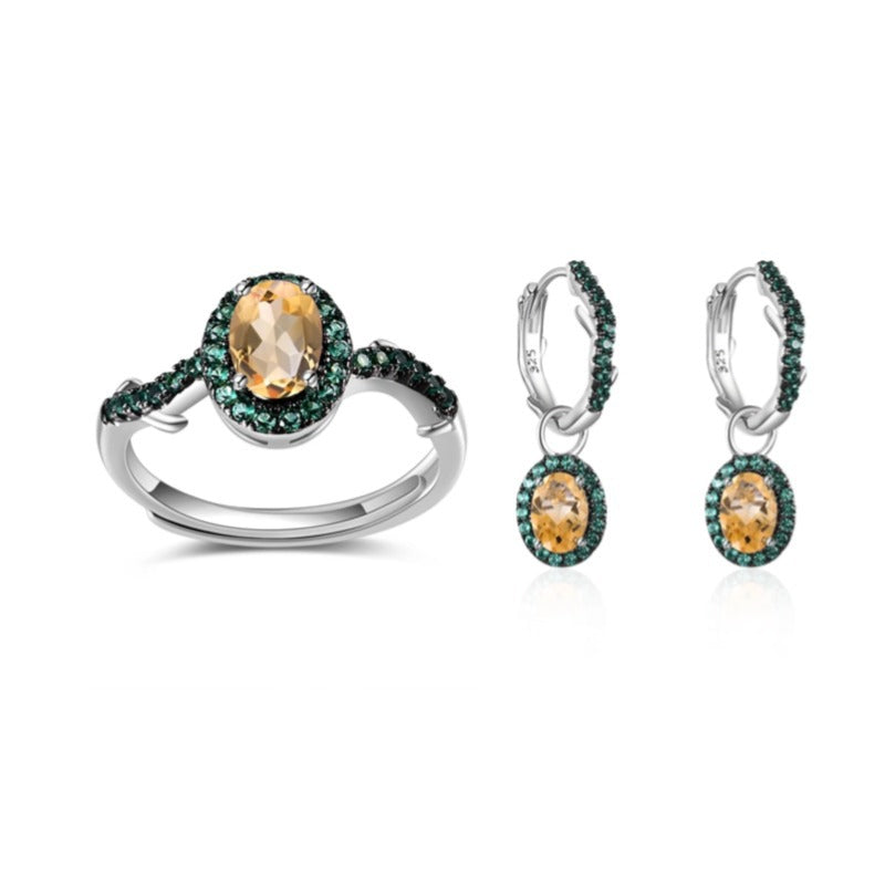 Design Sense Set Natural Crystal s925Sterling Silver Ring Earrings Sapphire Jewelry Set Niche