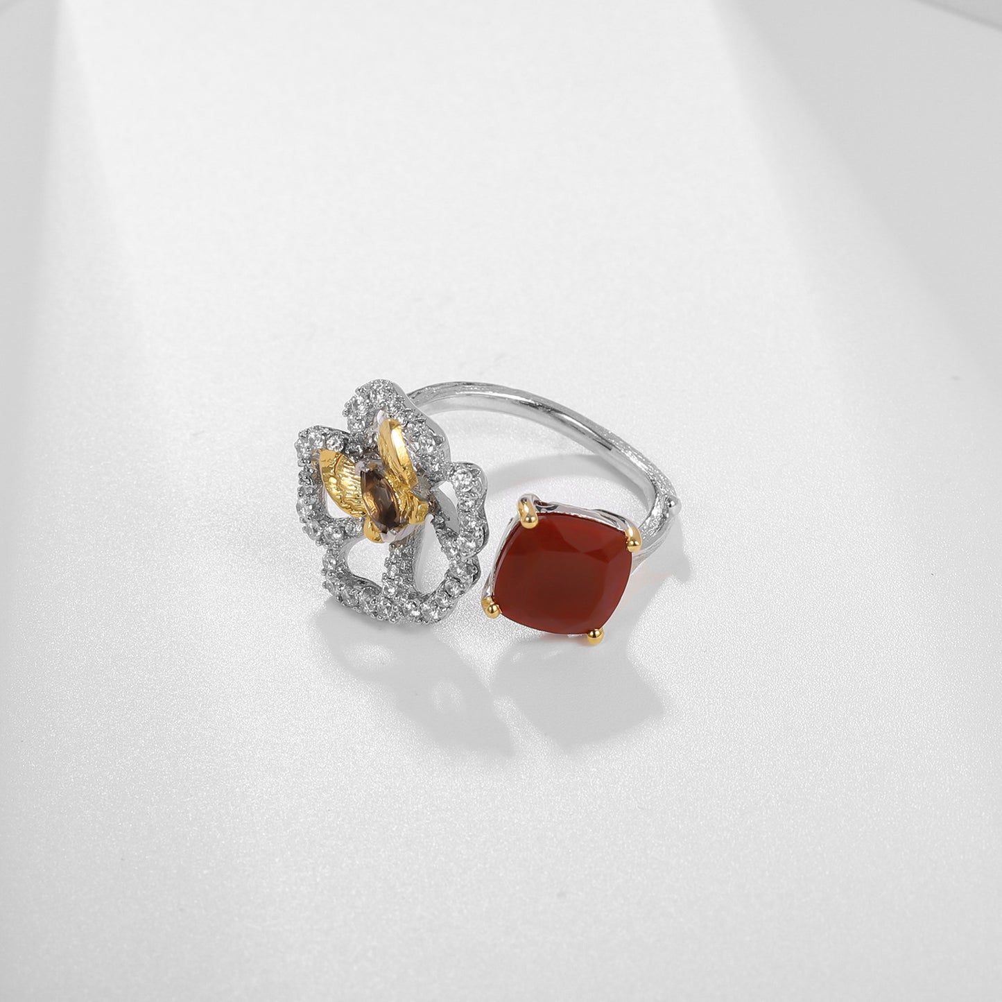 Designer Natural Yellow Crystal Ring Natural Style Butterfly Flower Design s925Silver Adjustable Open Ring