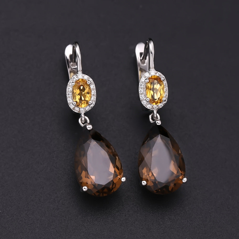 Jewelry Large Carat Natural Gemstone Pear-Shaped Earrings Luxurious s925Silver Inlaid Natural Tea Crystal Earrings