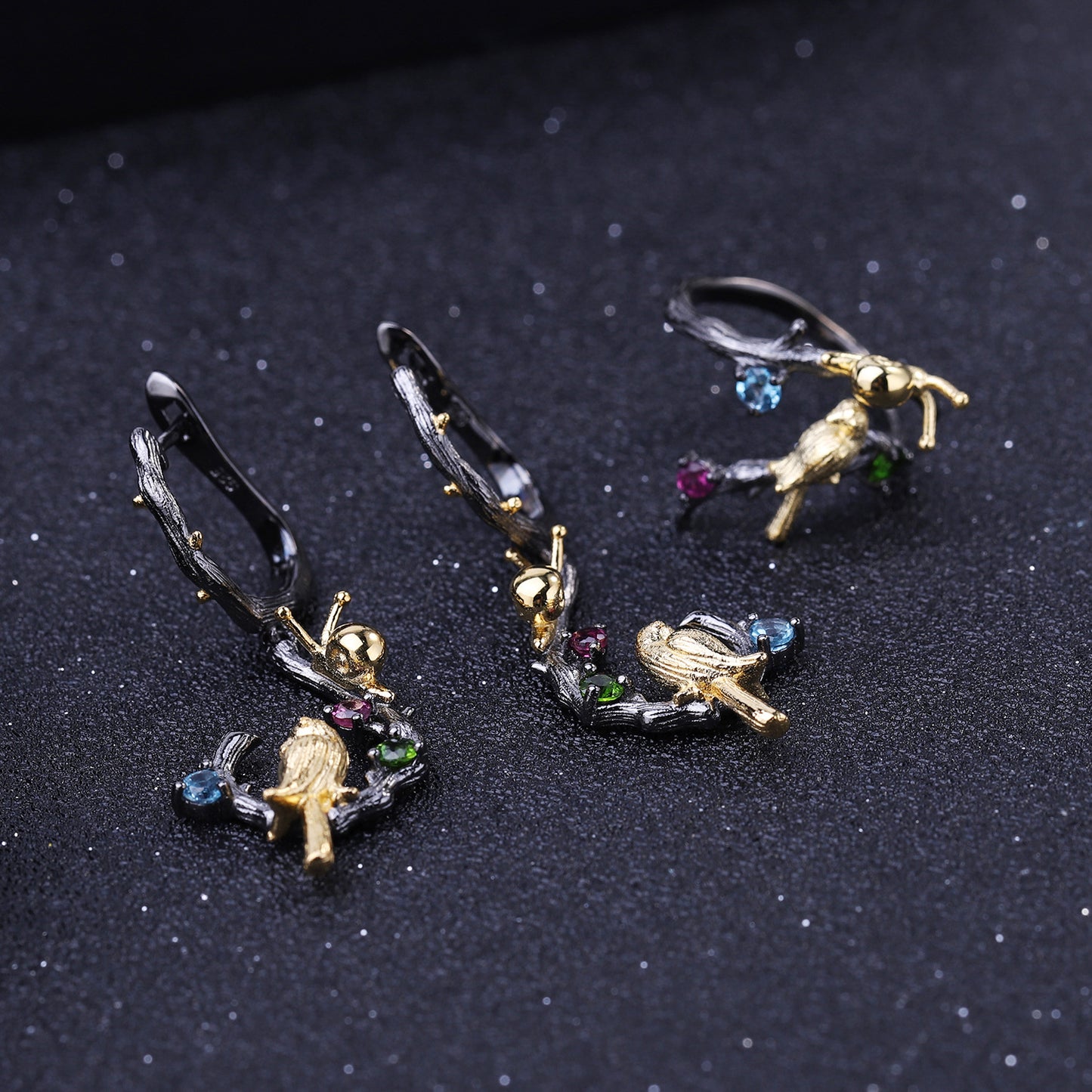 Secret Garden Designer Gemstone Earrings Natural Style Little Bird Design925Silver Natural Gemstone Earrings