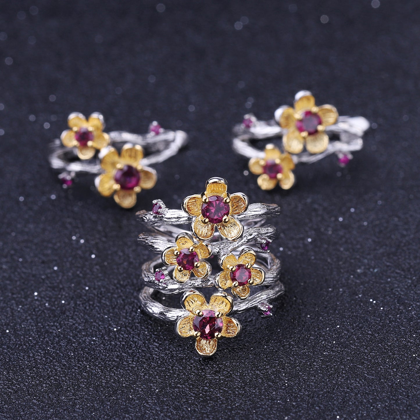 Italian Craft Designer Gemstone Ring Natural Style Floral Design925Silver Natural Topaz Ring