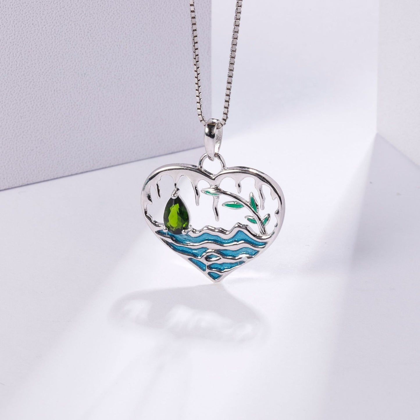 Designer High-End Gemstone Pendant Heart Lake s925Silver Enamel Natural Translucent Stone Necklace Pendant