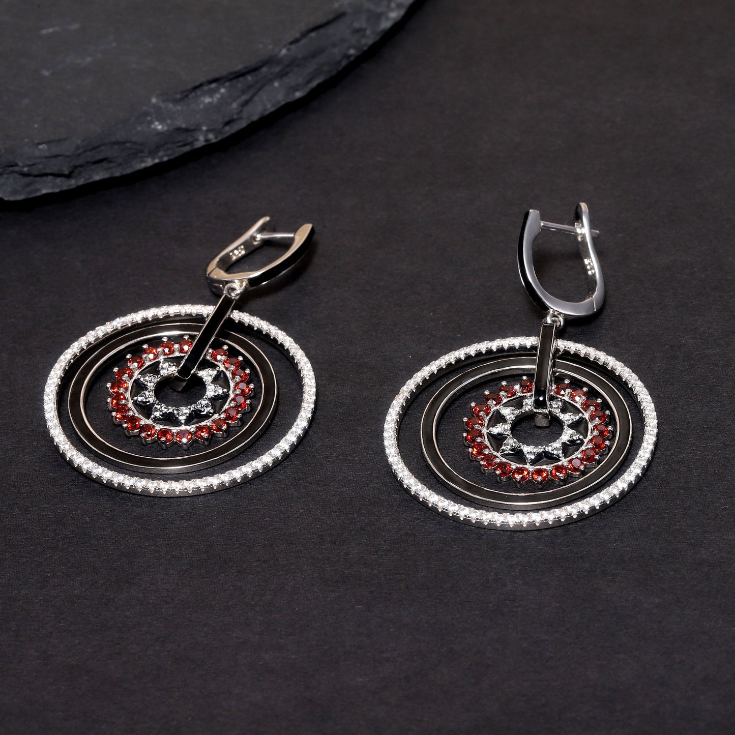 Designer Natural Garnet Enamel Earrings Unique Circular Design925Silver Color Gemstone Earrings