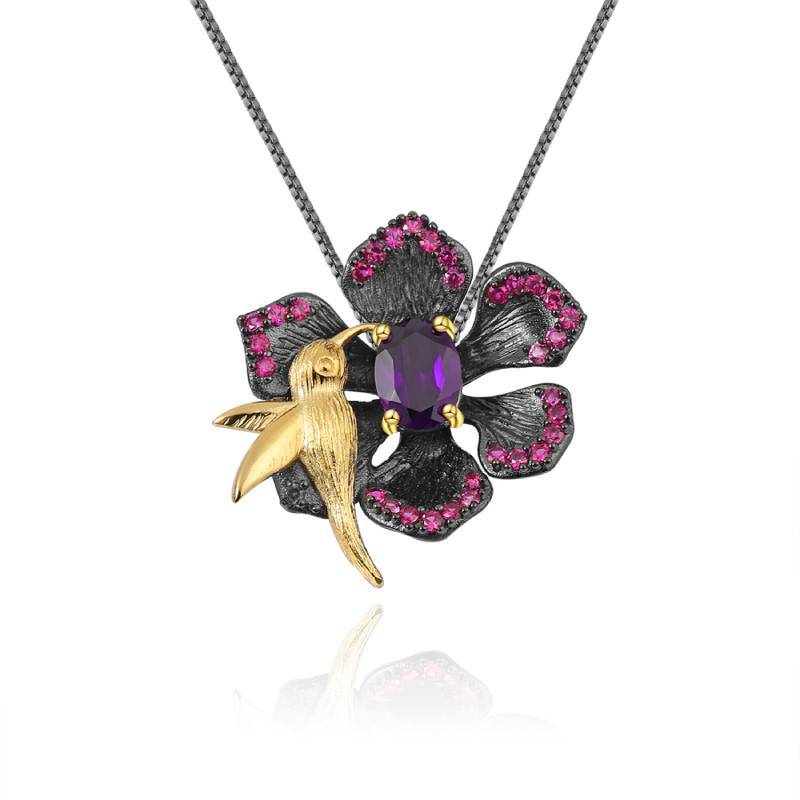 Secret Garden Designer Brooch Pendant Two-in-One Birdsong and Fragrant Flowers Design925Silver Natural Amethyst Necklace