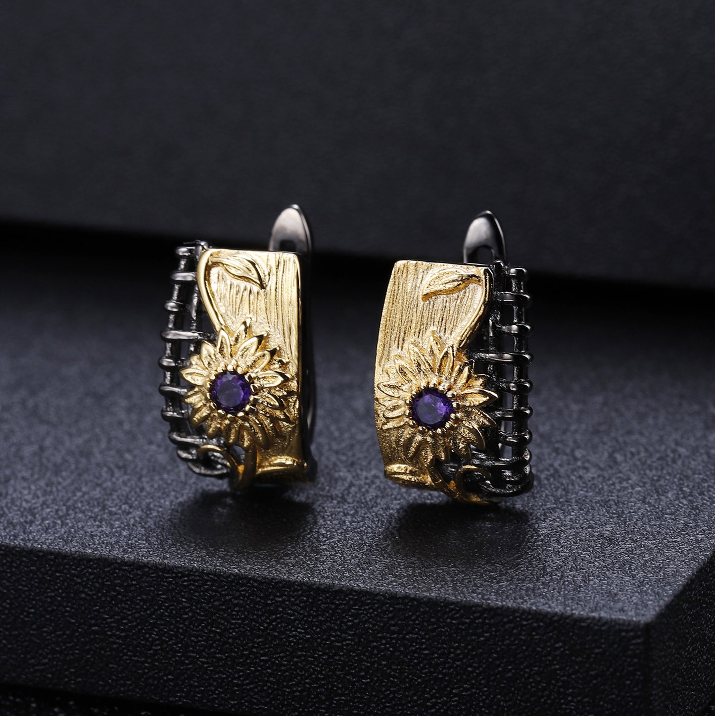 Italian Craft Designer Earrings Natural Style Floral Design925Silver Natural Amethyst Stud Earrings