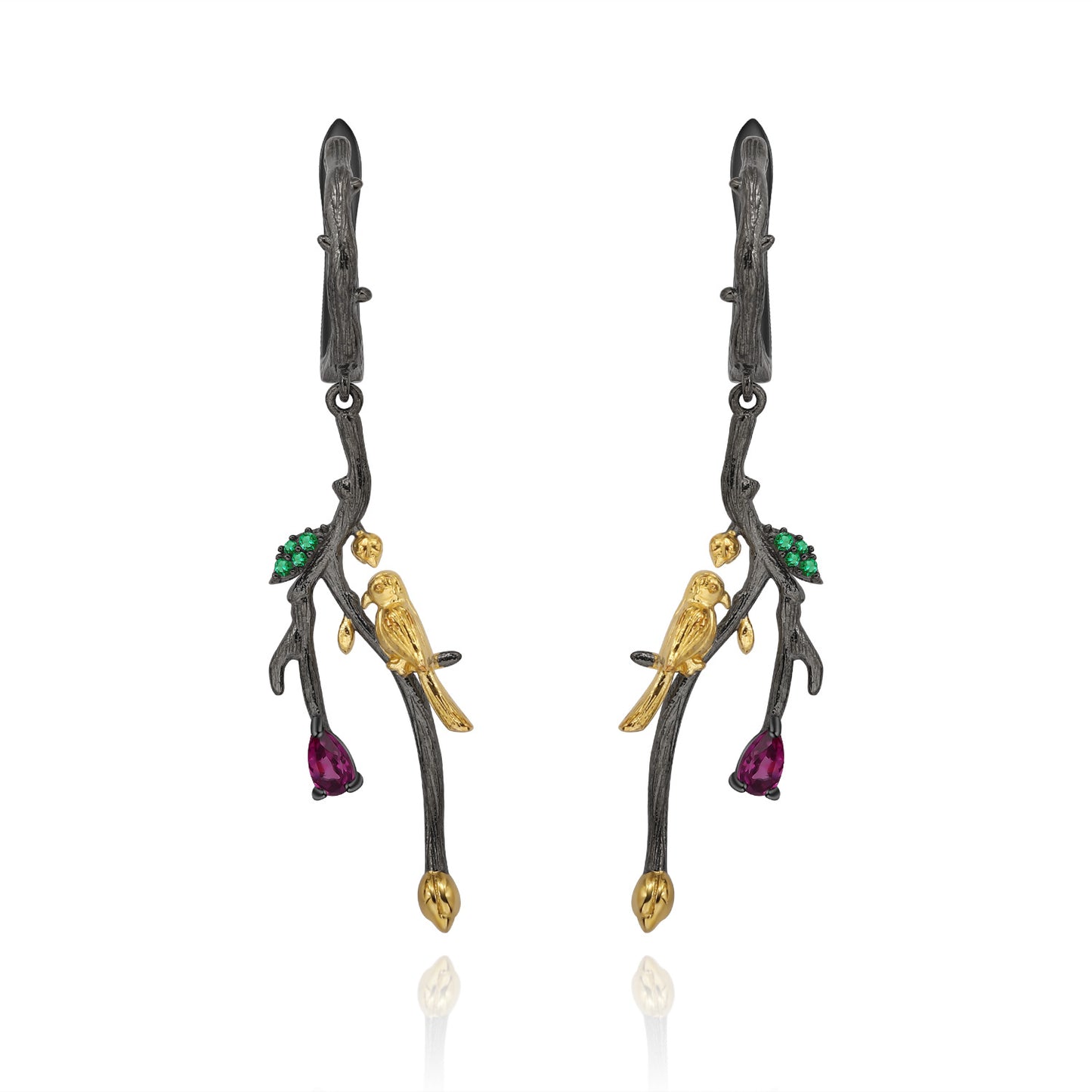 Italian Craft Designer Earrings Natural Style Little Bird Design925Silver Natural Rose Garnet Earrings