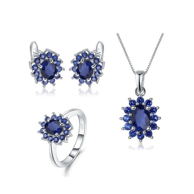 Luxurious and Unique Jewelry Set s925Silver Inlaid Gemstone Ring Necklace Earrings Three-Piece Set