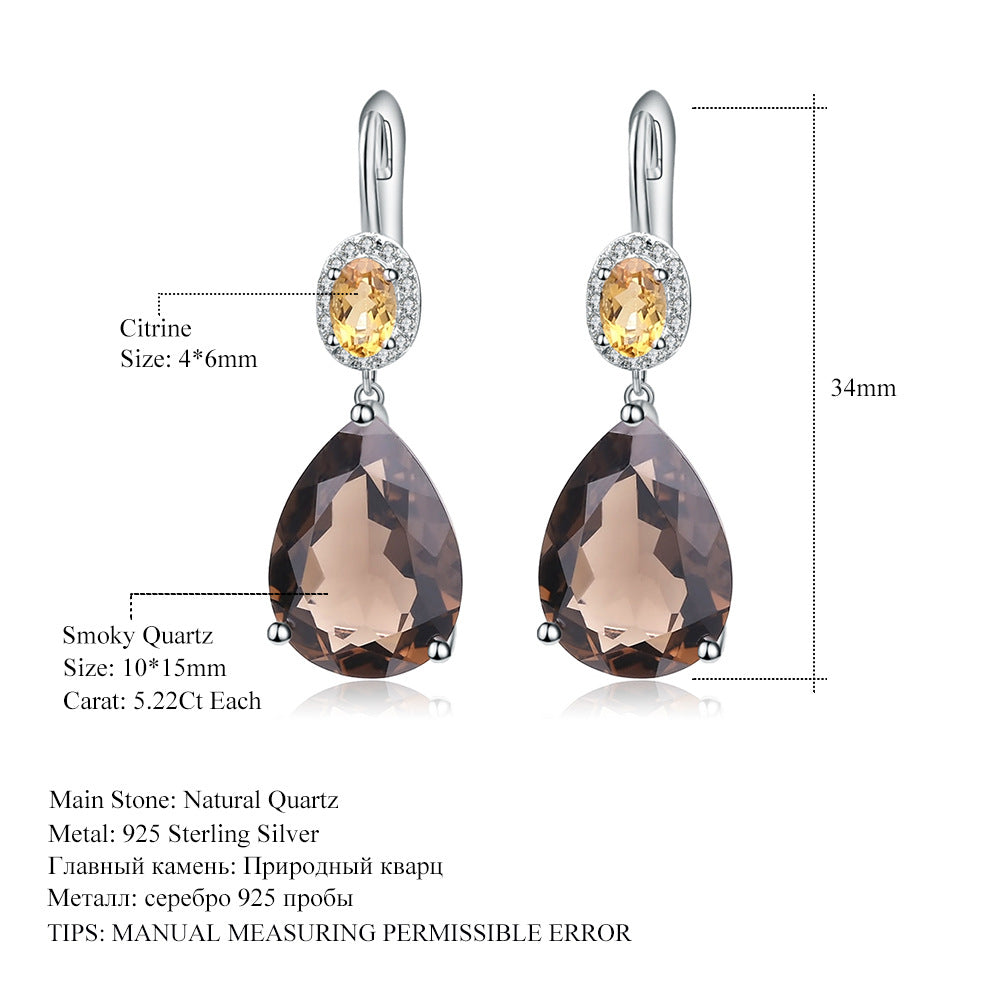 Jewelry Large Carat Natural Gemstone Pear-Shaped Earrings Luxurious s925Silver Inlaid Natural Tea Crystal Earrings